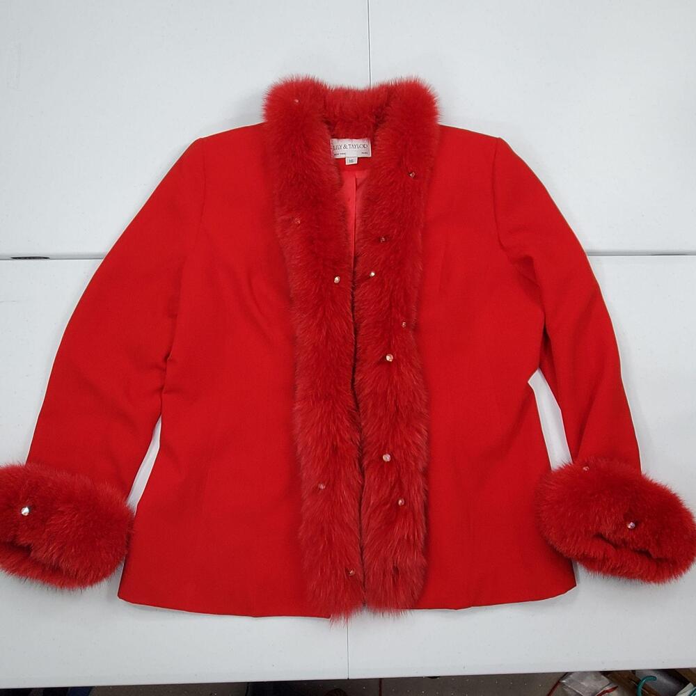 Vintage Lily & Taylor Jacket 16 Red Finland Fox Fur Trim Rhinestone RN 86040
